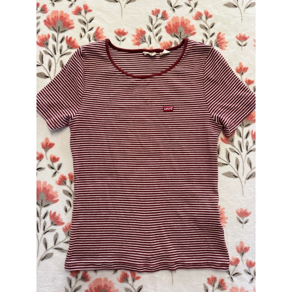 Levis Womens Striped Short Sleeve T-Shirt Burgundy White Size M Logo Tab